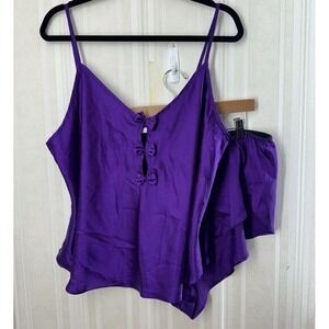 Vtg‎ Laura Gayle Purple Cami Tulip Short Set Bows Glossy Satin Sleep Sexy 2X XXL